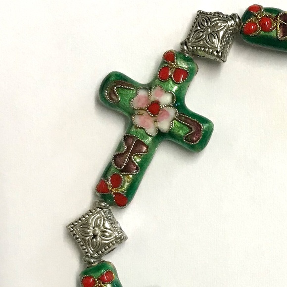 Handcrafted Cloisonné Green Crosses Bracelet NWOT - Picture 2 of 2